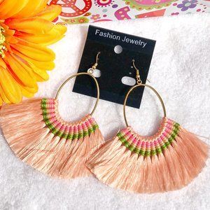 Boho Earrings Fan Tassel Hoop Drop Dangles Peach